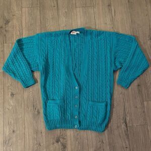 Vintage Carriage Court Cardigan Sweater Womens XL Teal Blue USA Made‎ Cable Knit